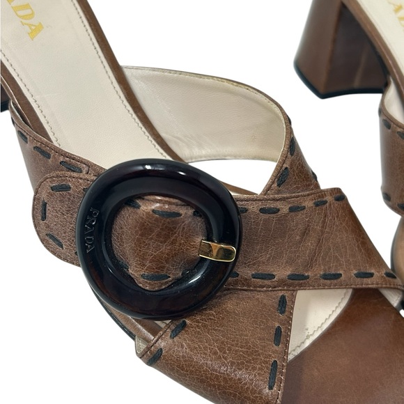 Prada Brown Leather Slide Sandals with Chunky Heel - Picture 5 of 12